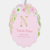 Rosa Blumengoldbuchstabe "N" Monogram Birth States Ornament Karte (Links)