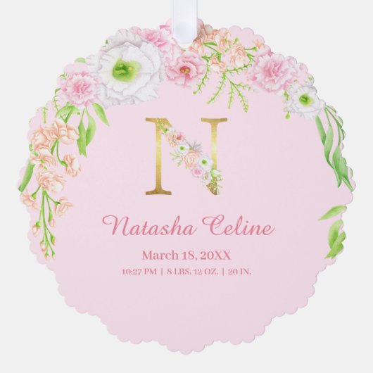 Rosa Blumengoldbuchstabe "N" Monogram Birth States Ornament Karte (Vorderseite)