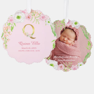Rosa Blumengoldbuchstabe "Q" Monogram Birth States Ornament Karte