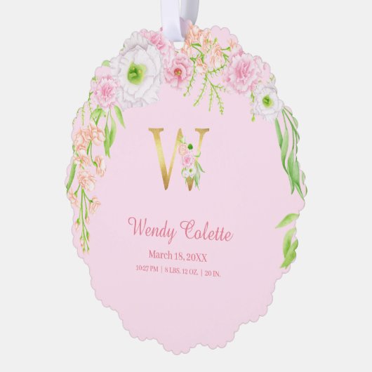 Rosa Blumengoldbuchstabe "W" Monogram Birth States Ornament Karte (Links)