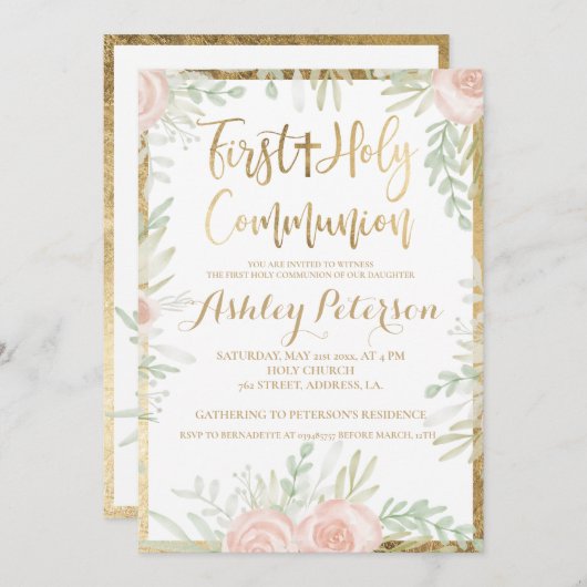Rosa Blumengoldgrenze Erste Heilige Kommune Einladung (Vorne/Hinten)