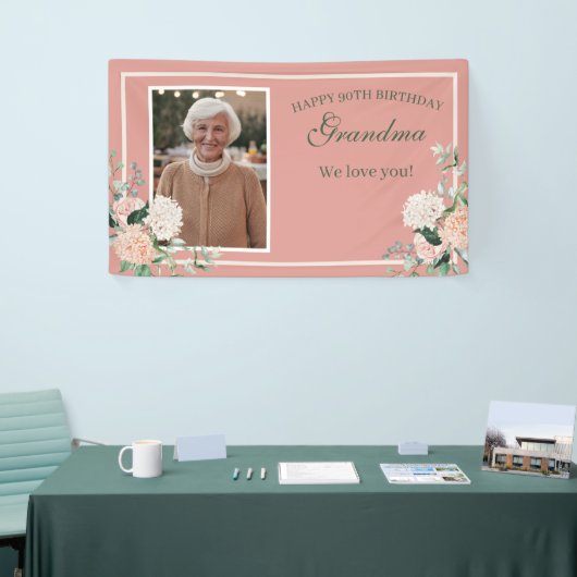 Rosa Blumengranma 90. Geburtstag Banner (Messeveranstaltung)