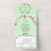 Rosa Blumengrün Blassgrün-schick Hochzeit RSVP All In One Einladung (Innen Boden)