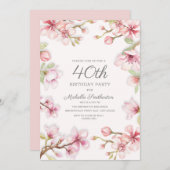 Rosa Blumengrün Blätter Frauen 40. Geburtstag Einladung (Vorne/Hinten)