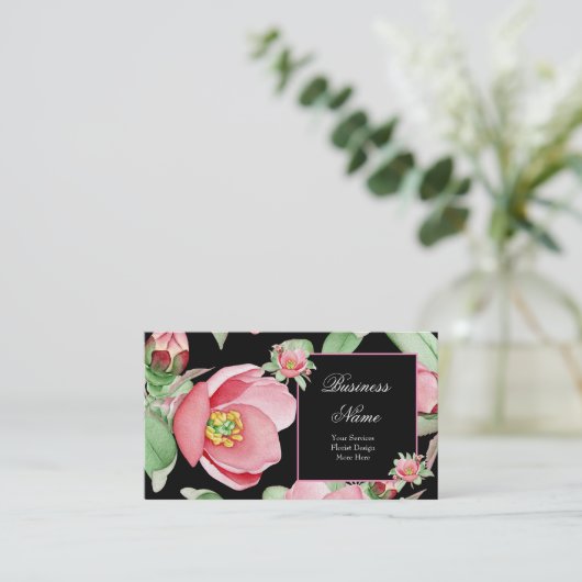 Rosa Blumengrün Blätter Schwarze Blume Visitenkarte (Stehend Vorderseite)