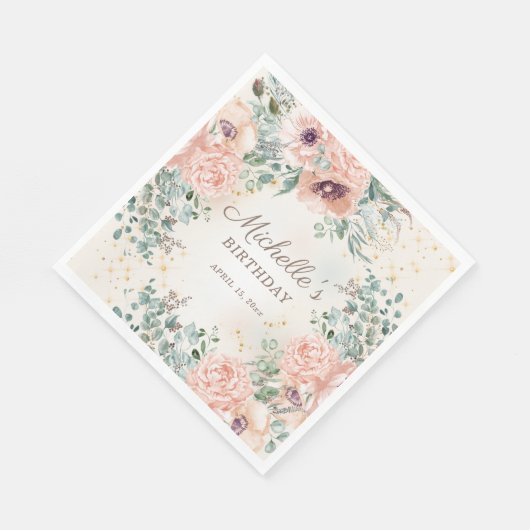 Rosa Blumengrün Blattgold Glitzer Geburtstag Serviette (Ecke)