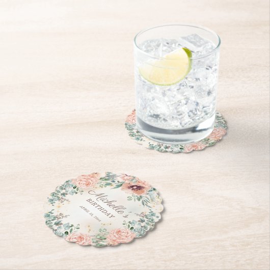 Rosa Blumengrün Blattgold Glitzer Geburtstag Untersetzer (Vor Ort)
