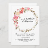 Rosa Blumengrün Boho, individualisierbar 21 Geburt Einladung (Vorne/Hinten)