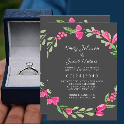 Rosa Blumengrün Dunkelgrau Elegante Hochzeit Ankündigung