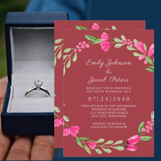 Rosa Blumengrün Dusty Red Elegante Hochzeit Ankündigung