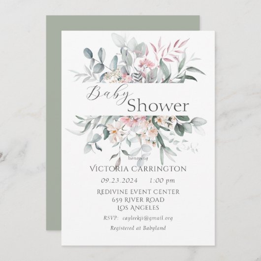 Rosa Blumengrün Elegant Babydusche Einladung (Vorne/Hinten)