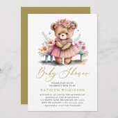 Rosa Blumengrün Elegantes Script Baby Dusche Einladung (Vorne/Hinten)