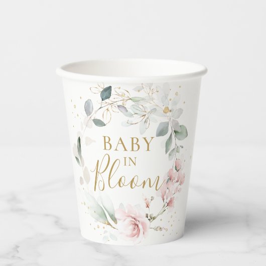 Rosa Blumengrün Foliage Baby Shower Paper Cup Pappbecher (Vorderseite)
