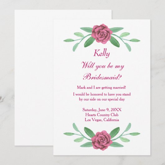 Rosa Blumengrün Foliage Bridesmaid Card Einladung (Vorne/Hinten)