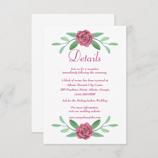 Rosa Blumengrün Foliage Hochzeitdetails Begleitkarte (Vorne/Hinten)
