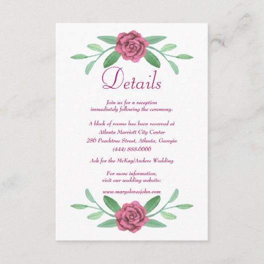 Rosa Blumengrün Foliage Hochzeitdetails Begleitkarte (Vorderseite)