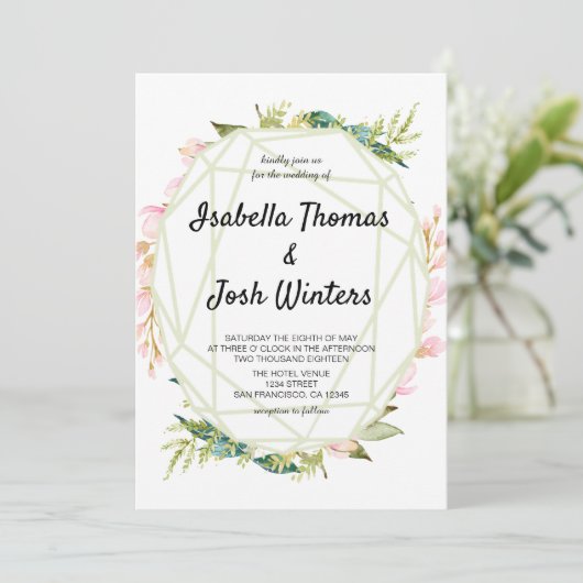Rosa Blumengrün Foliage Rahmen Kristallverheiratun Einladung (Stehend Vorderseite)