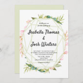 Rosa Blumengrün Foliage Rahmen Kristallverheiratun Einladung (Vorne/Hinten)
