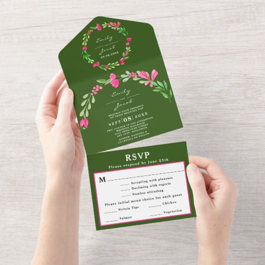 Rosa Blumengrün Forest Green Wedding RSVP All In One Einladung (Abreißen)