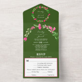 Rosa Blumengrün Forest Green Wedding RSVP All In One Einladung (Innen Boden)