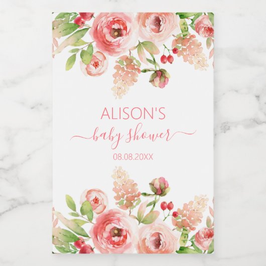 Rosa Blumengrün Girl Babydusche Mini Weinetikett (Einzelnes Label)