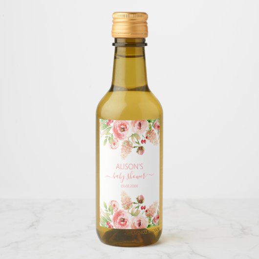 Rosa Blumengrün Girl Babydusche Mini Weinetikett (Vorderseite)