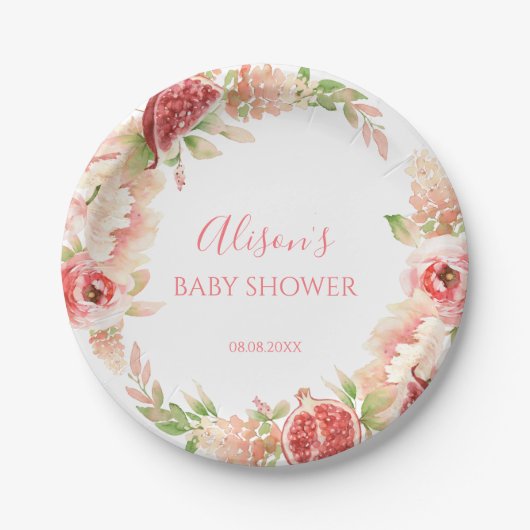 Rosa Blumengrün Girl Babydusche Pappteller (Vorderseite)