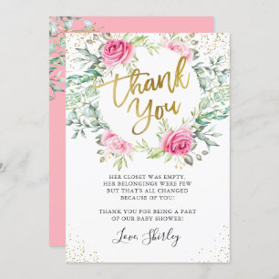 Rosa Blumengrün Gold Script Baby Dusche Dankeskarte