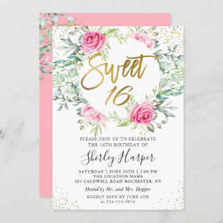 Rosa Blumengrün Gold Script Sweet 16 Geburtstag Einladung