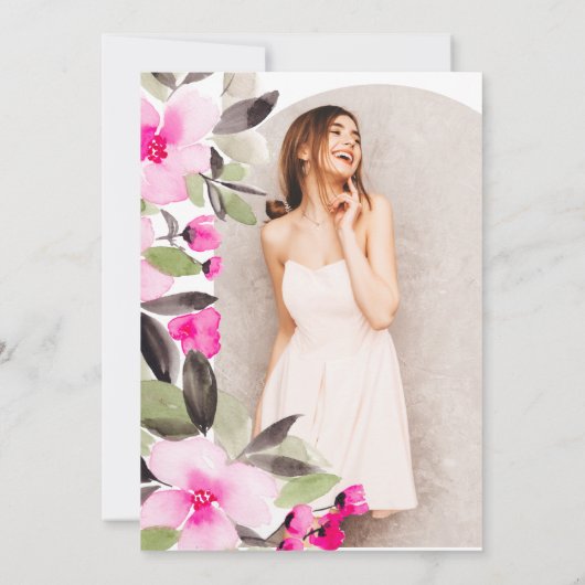 Rosa Blumengrün-goldener Abschluss Einladung (Rückseite)