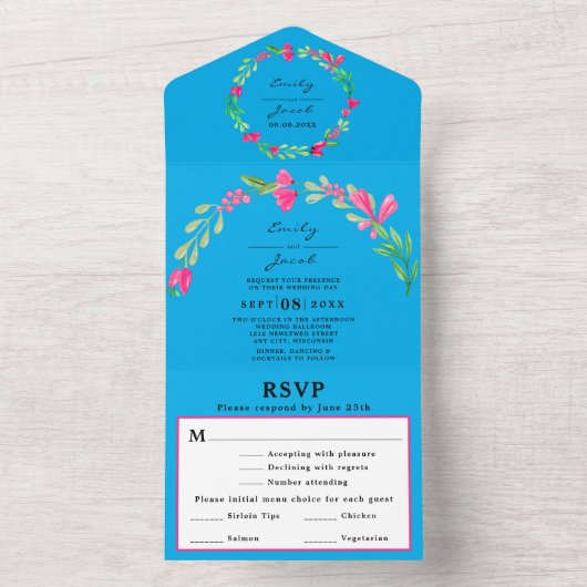 Rosa Blumengrün Himmel Hochzeitsfeier UAWG All In One Einladung (Innen Boden)