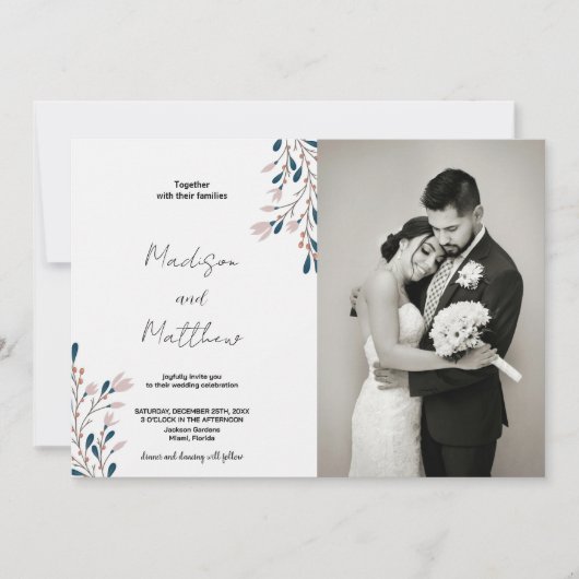 Rosa Blumengrün Hochzeitseinladungen mit Foto Einladung (Vorderseite)