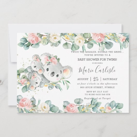 Rosa Blumengrün Koala Baby Dusche Twin Girls Einladung (Vorderseite)