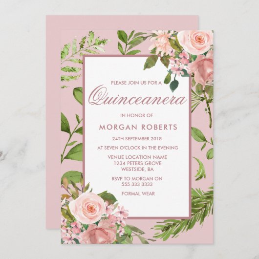 Rosa Blumengrün Leaf Quinceanera Einladung (Vorne/Hinten)