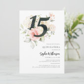 Rosa Blumengrün Quinceanera Feier Einladung (Stehend Vorderseite)