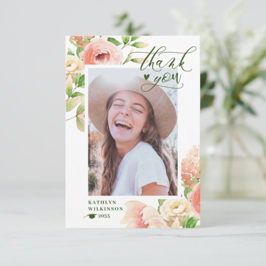 Rosa Blumengrün Rosa Elegantes Foto Abschluss Dankeskarte (Stehend Vorderseite)