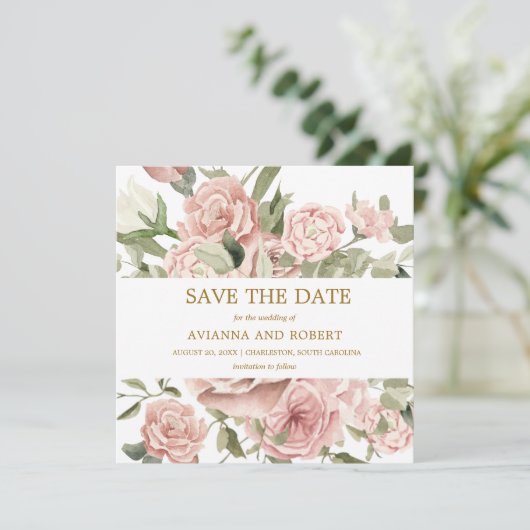 Rosa Blumengrün Save The Date (Stehend Vorderseite)