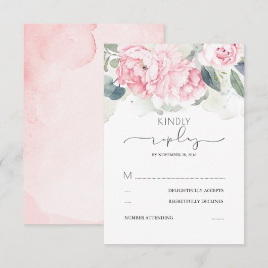 Rosa Blumengrün Splashes Hochzeit RSVP Karte (Vorne/Hinten)