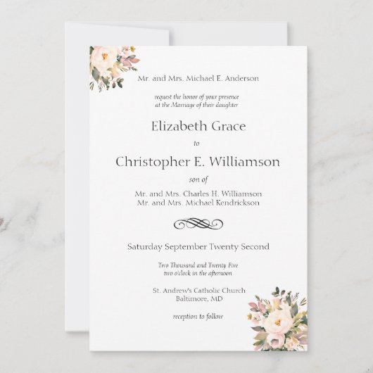 Rosa Blumengrün Traditionelle feierliche Hochzeit Einladung (Vorderseite)