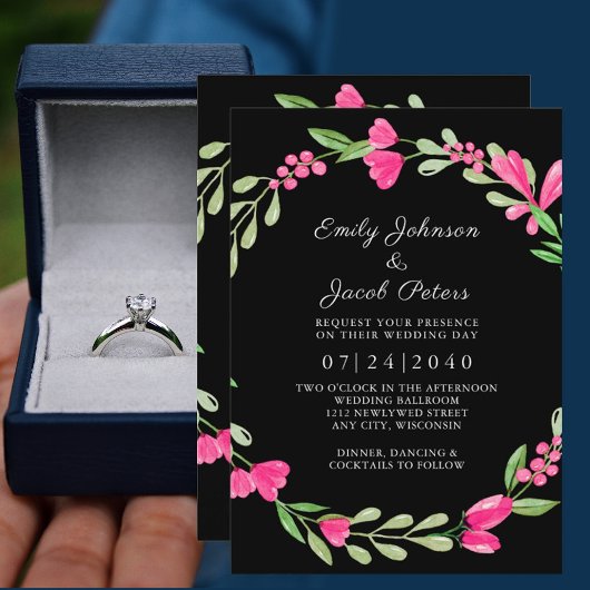 Rosa Blumengrün über Schwarz Elegance Hochzeit Ankündigung