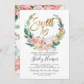 Rosa Blumengrün Wreath Gold Script Sweet 16 Einladung (Vorne/Hinten)