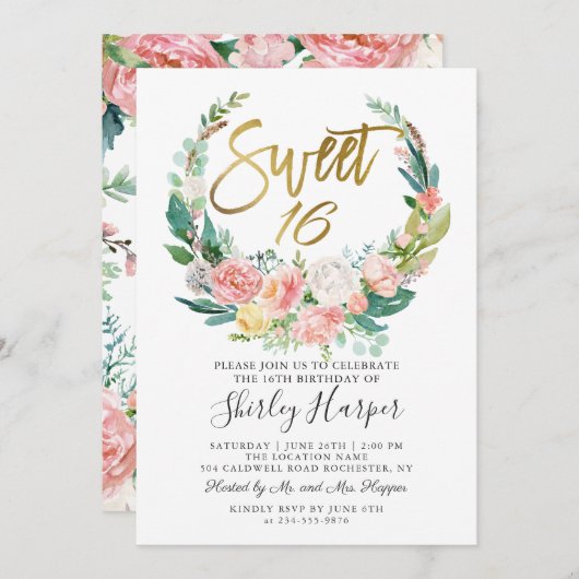 Rosa Blumengrün Wreath Gold Script Sweet 16 Einladung (Vorne/Hinten)