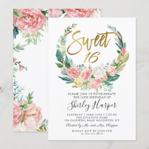 Rosa Blumengrün Wreath Gold Script Sweet 16 Einladung