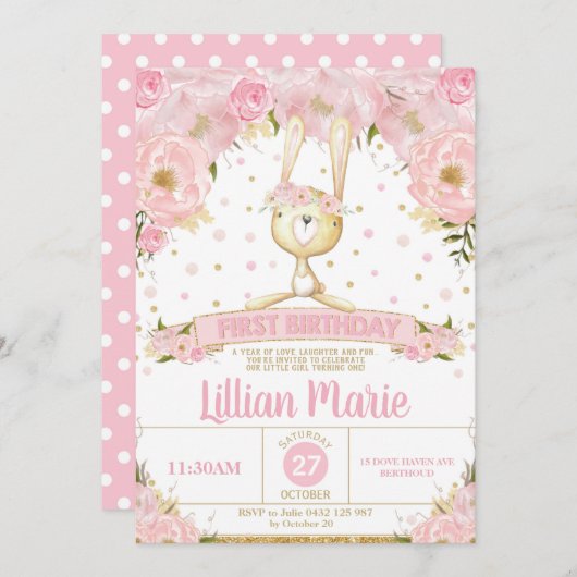 Rosa Blumenhäschen-1. Einladung (Vorne/Hinten)