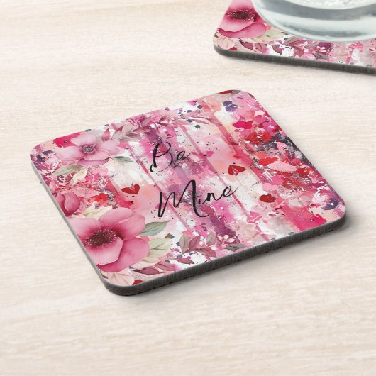 Rosa Blumenherzen Valentine Getränkeuntersetzer (Linke Seite)