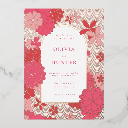 Rosa Blumenhochzeit Folieneinladung (Vorderseite)