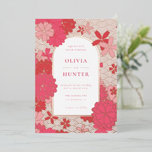 Rosa Blumenhochzeit Folieneinladung (Stehend vorne)