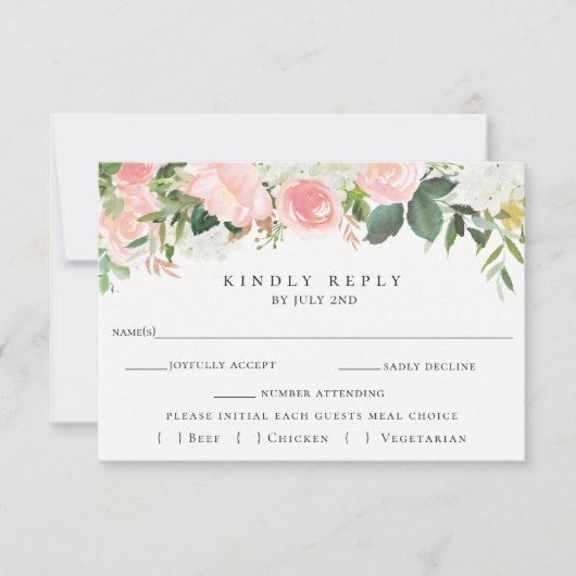 Rosa Blumenhochzeit RSVP mit Wahlkarte Karte (Vorderseite)