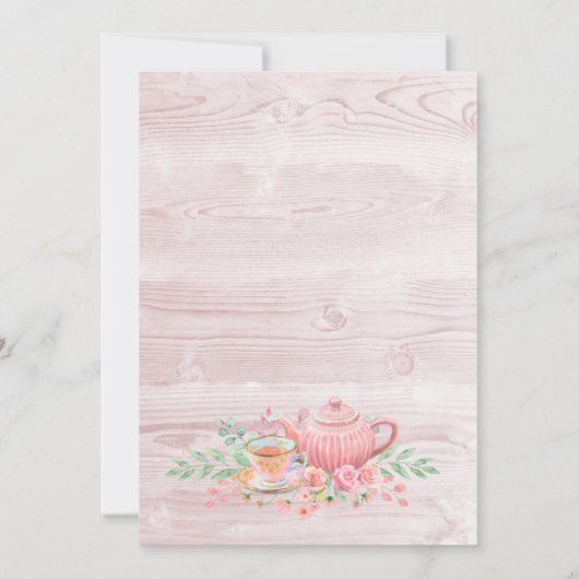 Rosa Blumenholz Tee Party Brautparty Einladung (Rückseite)