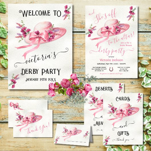 Rosa Blumenhut Derby Brautparty Einladung